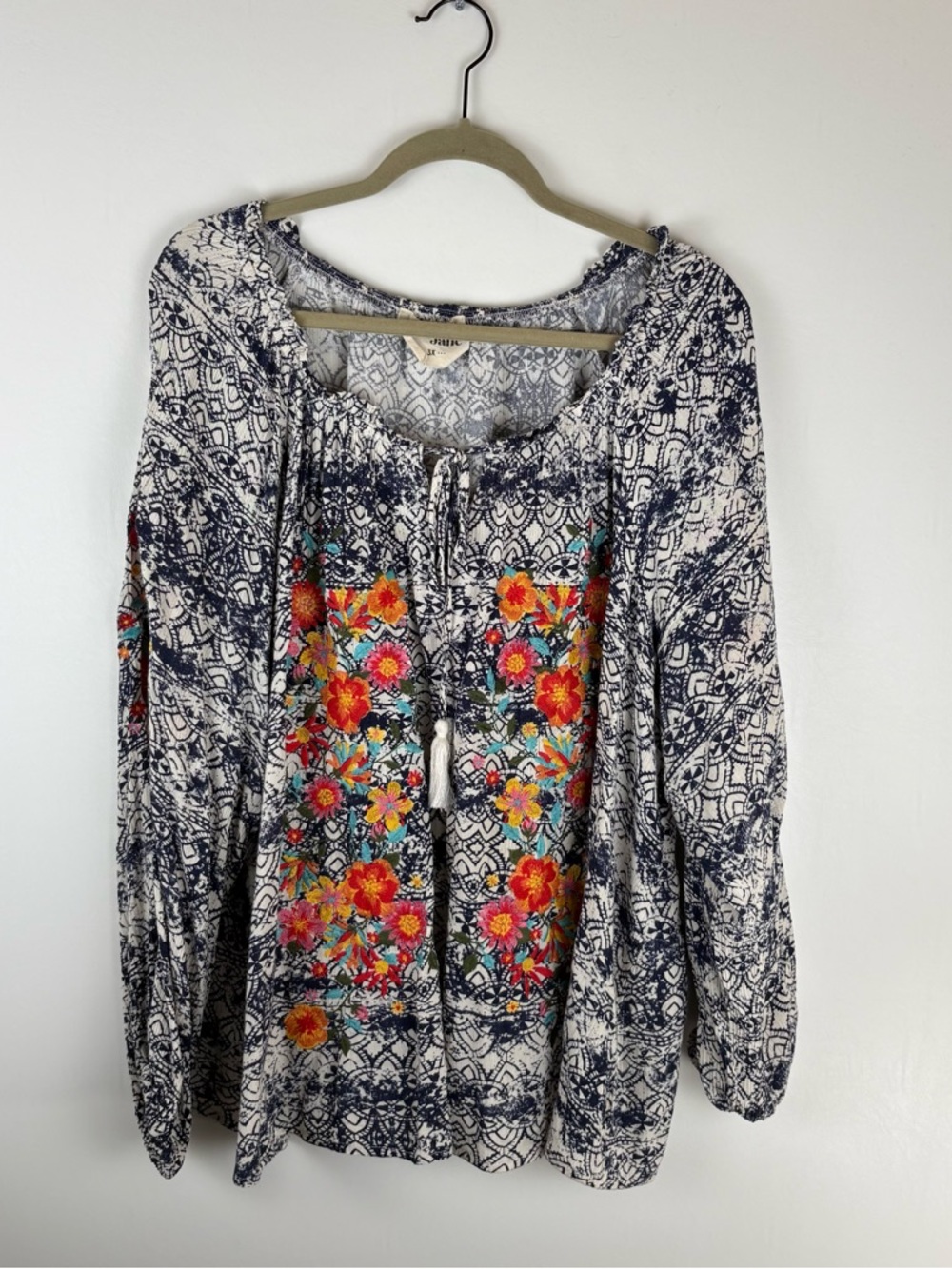 Savanna Jane Womens 3X Floral Blouse Embroidered Top Long Sleeve Boho Blue